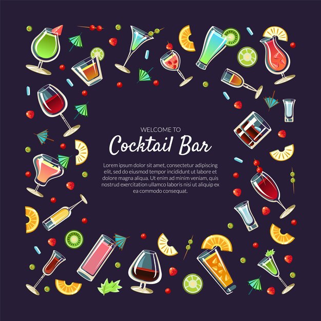 Bienvenido a Cocktail Bar Banner plantilla con lugar para texto Bebidas alcohólicas Restaurante Café Fiesta Tarjeta de invitación Flyer Ilustración vectorial Diseño web