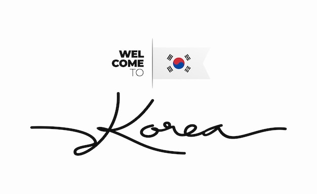 Vector bienvenido a corea palabras texto guión estilo de letra caligráfica de mano con ilustración vectorial de bandera