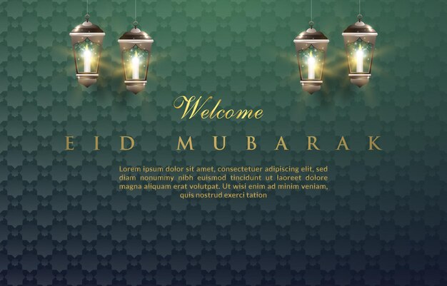 Bienvenido eid mubarak banner con hermoso adorno islámico y diseño de fondo verde degradado abstracto