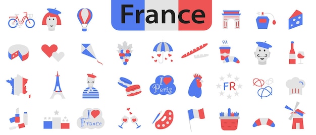 Bienvenido a Francia Puntos de interés de Francia en los colores de la bandera francesa Iconos vectoriales sobre Francia