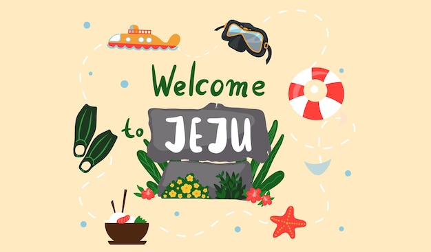 Bienvenido a la isla de Jeju en Corea del Sur, símbolos tradicionales, lugar popular para visitar a los turistas, isla tropical verde de Jeju con viajes acuáticos, tierra coreana con atracciones tradicionales