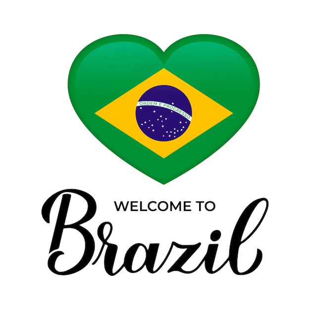 Bienvenido a las letras de brasil con la bandera nacional en forma de corazón aislada sobre fondo blanco plantilla vectorial para tipografía, póster, postal, pancarta, volante, pegatina, camiseta, etc.