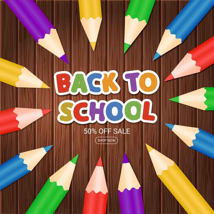 Bienvenido de nuevo al colegio. Cartel con lápices de colores y frase sobre fondo de madera. Banner de venta