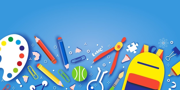 Bienvenido de nuevo al colegio. Conceptos de educación. Niños creativos. Ciencia, estilo de corte de papel de arte.