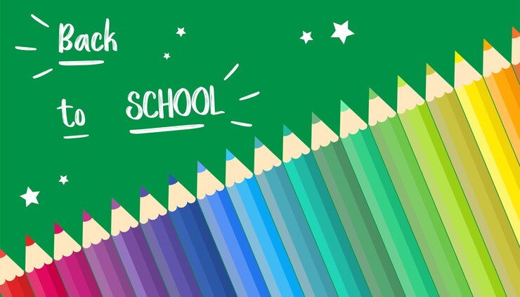 Vector bienvenido de nuevo al fondo de la escuela con lápices de colores concepto de banner de dibujo y educación