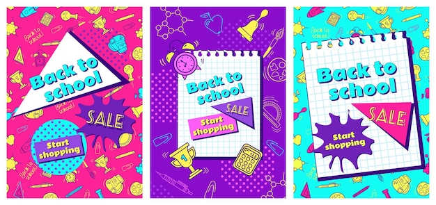 Bienvenido de nuevo a la escuela establecer banner vintage vectorial en tonos rosa turquesa y neón púrpura del estilo de dibujos animados de los 90 símbolos de aprendizaje para publicidad banner sitio web cartel venta volante