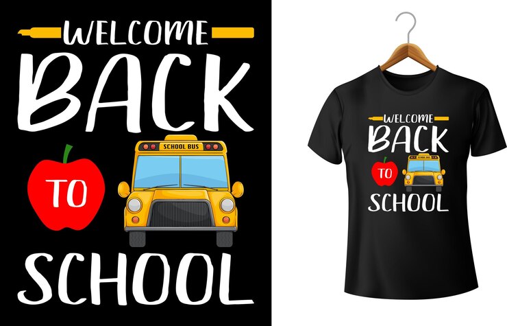 Bienvenido de nuevo a la plantilla de impresión de la camisa de la escuela autobús escolar y lindo vector de manzana