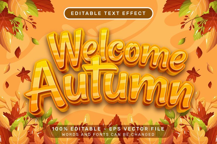 Vector bienvenido otoño efecto de texto 3d y efecto de texto editable con ilustración de hojas de otoño