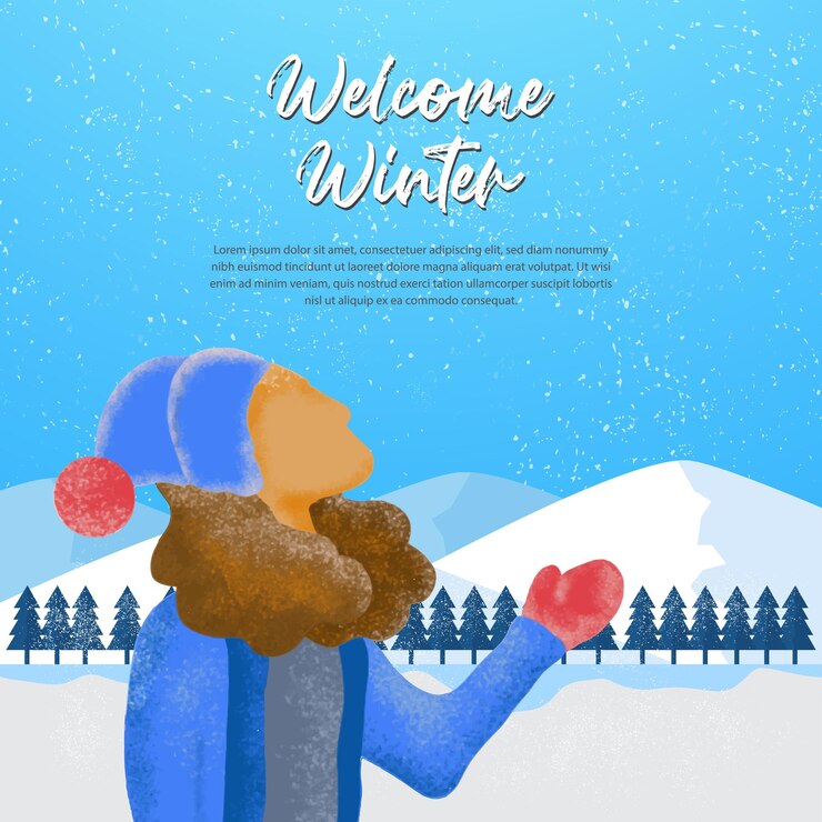 Vector bienvenido paisaje de invierno con carácter, fondo de ilustración de temporada de invierno de nevadas