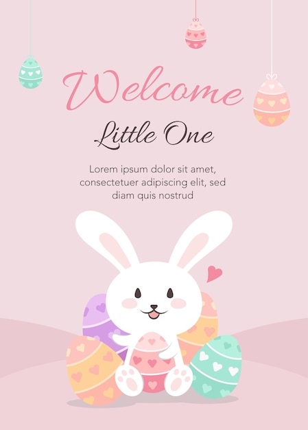 Vector bienvenido pequeño bebé fiesta banner nueva vida fertilidad huevos de conejo decoración