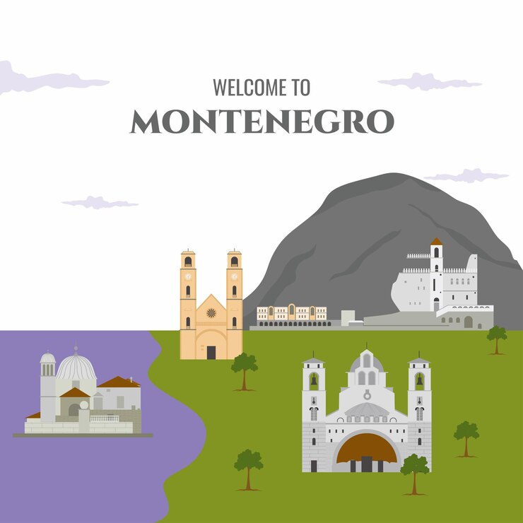 Bienvenido a la plantilla de diseño de país de Montenegro con monumentos de edificios famosos Ilustración de vector web de escaparate histórico de estilo de dibujos animados planos Viajes de vacaciones mundiales y colección de viajes