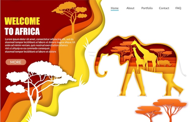 Bienvenido a la plantilla de página de destino del sitio web vectorial de África corte de papel silueta de elefante con na africana