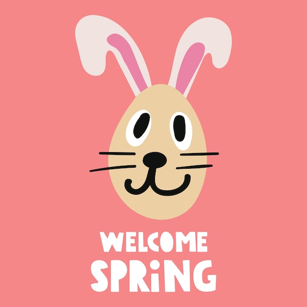 Bienvenido a la primavera conejo gracioso cara sonriente ilustración dibujada a mano en fondo rosa