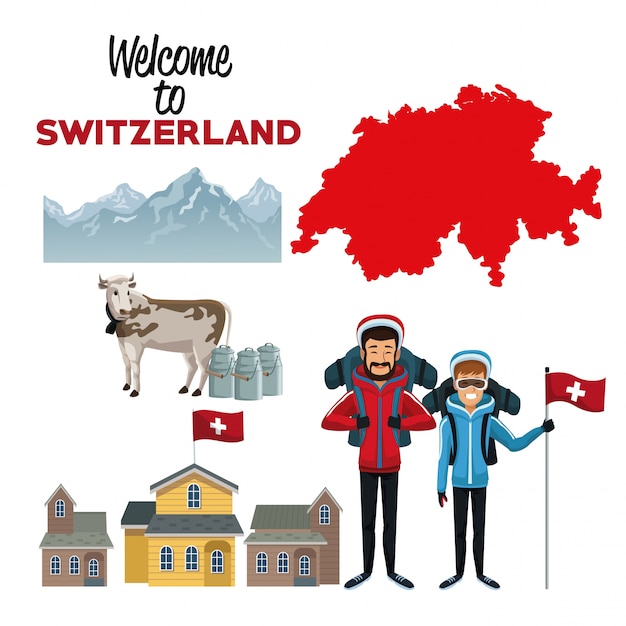 Bienvenido a Suiza con elementos tradicionales de gente de campo y esquiadores