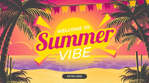 Vector bienvenido a summer vibe banner con fondo de puesta de sol