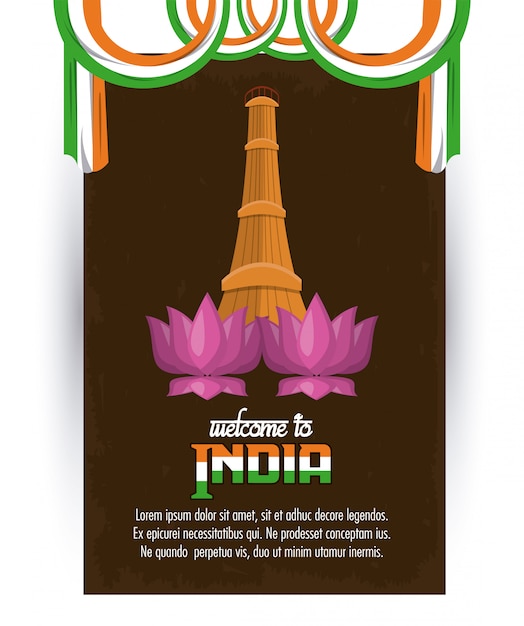 Vector bienvenido a la tarjeta india con monumento y flores