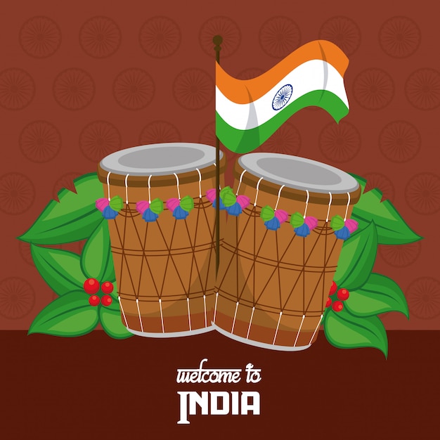 Vector bienvenido a la tarjeta de india con percusión
