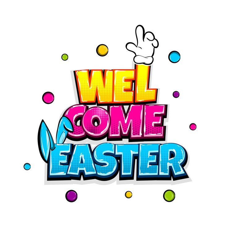 Vector bienvenido, vacaciones de pascua, texto cómico, arte pop, publicidad, lindo, conejo, orejas de conejo, cómics, libro, cartel, frase