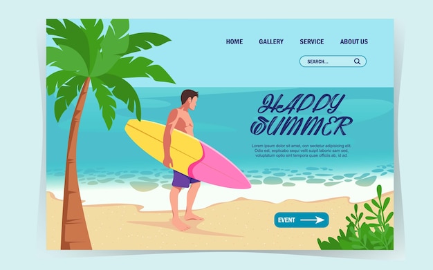 Vector bienvenido verano, diseño de verano para el sitio web de aterrizaje con un hombre guapo y su tabla de surf.