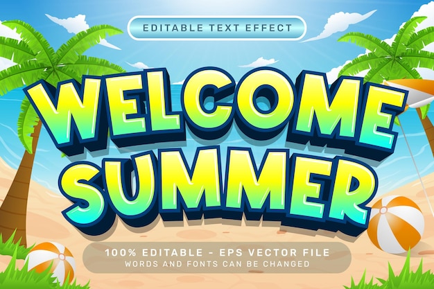 bienvenido verano efecto de texto 3d y efecto de texto editable con un fondo de playa
