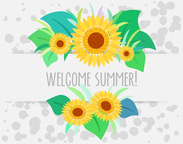 Vector bienvenido verano con fondo de girasol