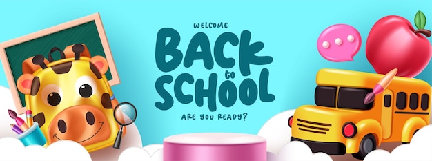 Bienvenido de vuelta al podio escolar con autobús escolar y elementos educativos en el fondo del estandarte de corte de papel