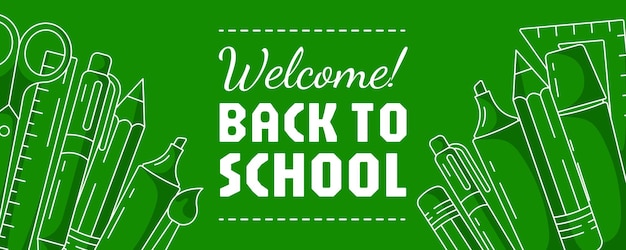 Vector bienvenido de vuelta a la escuela estricto estandarte con artículos escolares papelería horizontal minimalista verde
