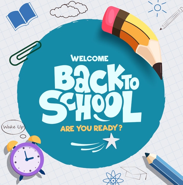 Bienvenido de vuelta a la escuela plantilla clipart De vuelta a la escola saludo texto clip art en el espacio del círculo azul