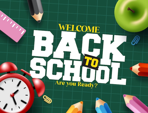 Bienvenido de vuelta a la escuela saludo diseño de clipart texto escolar en verde cuadrícula de línea espacio de fondo