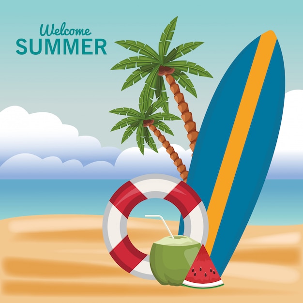 Bienvenidos dibujos animados de verano tabla de surf y flotador