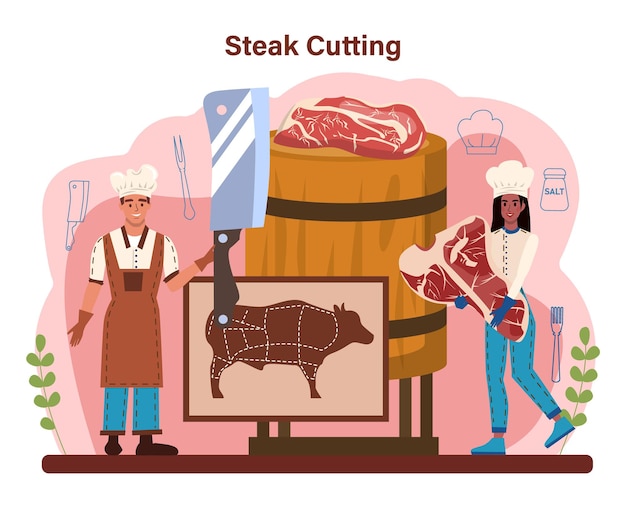 Bife. Gente cortando carne y cocinando sabrosas carnes a la parrilla con salsas y condimentos. Deliciosa carne asada en el plato. Comida de restaurante asado. ilustración vectorial plana