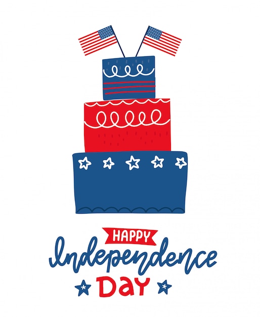 Big cake con estrella y tira dos banderas feliz día de la independencia de los estados unidos de américa. tema del 4 de julio. ilustración de doodle de diseño plano con letras dibujadas a mano