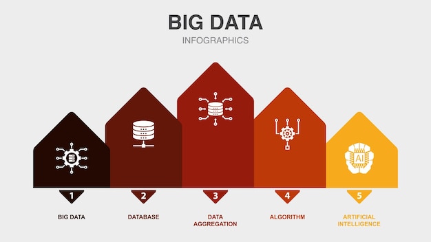 Big data Base de datos Algoritmo de agregación de datos Iconos de inteligencia artificial Plantilla de diseño de diseño infográfico Concepto de presentación creativa con 5 pasos