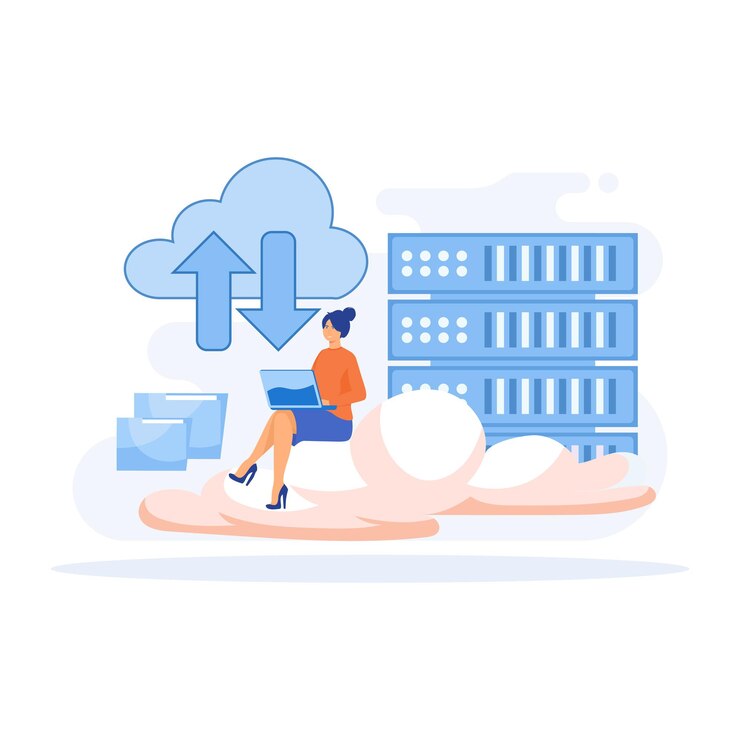 Vector big data y cloud computing, personajes empresariales que utilizan servidores remotos para analizar grandes conjuntos de datos y reconocer errores, ilustración moderna de vectores planos
