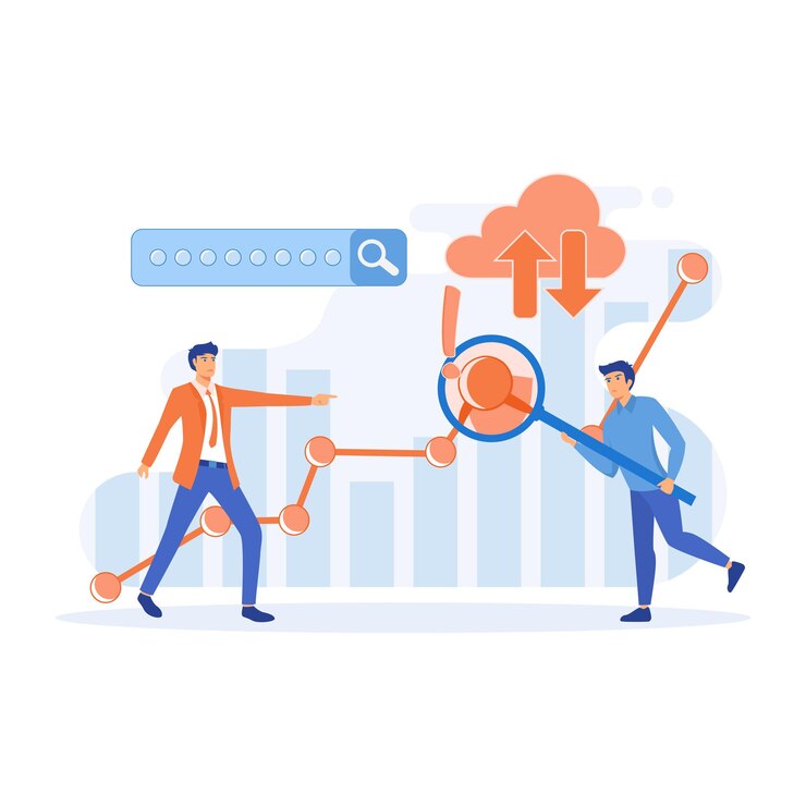 Vector big data y cloud computing, personajes empresariales que utilizan servidores remotos para analizar grandes conjuntos de datos y reconocer errores, ilustración moderna de vectores planos