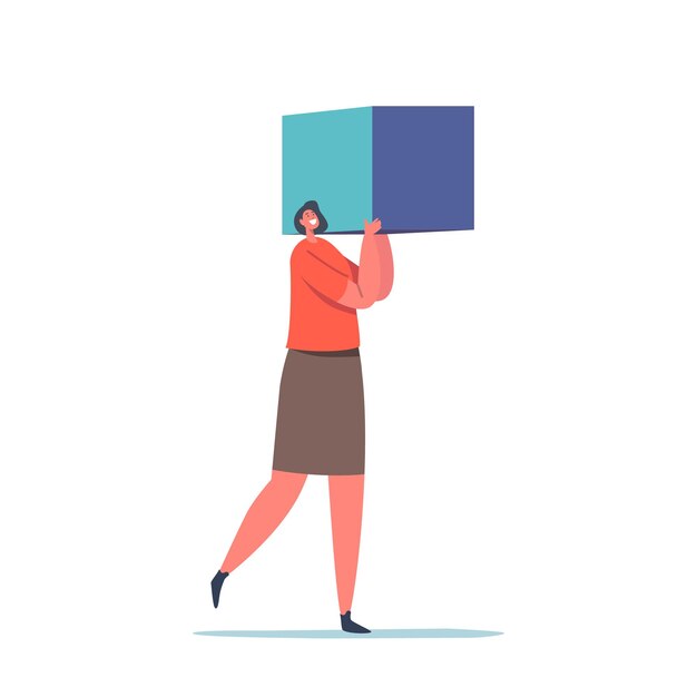 Big Data Storage Blockchain Technologies Concepto Pequeño personaje femenino sosteniendo un enorme cubo o bloque de construcción aislado