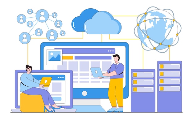 Big data de tecnología empresarial plana con base de datos en la nube y concepto de trabajo del equipo de desarrolladores ilustración de vector mínimo de estilo de diseño de esquema