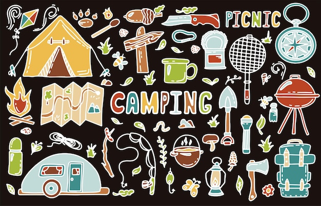 Big doodle vector camping set sketch senderismo iconshand dibujar ilustración para picnic de verano en la naturaleza