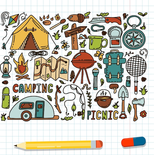 Vector big doodle vector camping set sketch senderismo iconshand dibujar ilustración para picnic de verano en la naturaleza