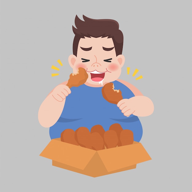 Big Fat Happy Man disfruta comiendo muslo de pollo