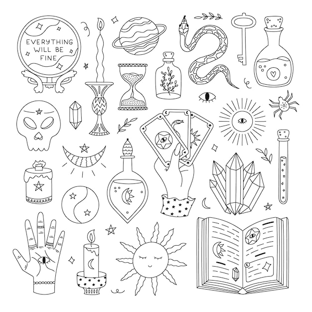 Big outline doodle esoteric and magical set with wizard potion spell book crystal ball