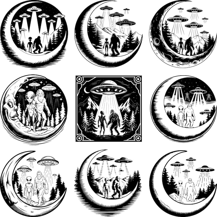 Vector bigfoot y alienígena bajo la luna svg bundle bigfoot camisa alienígena