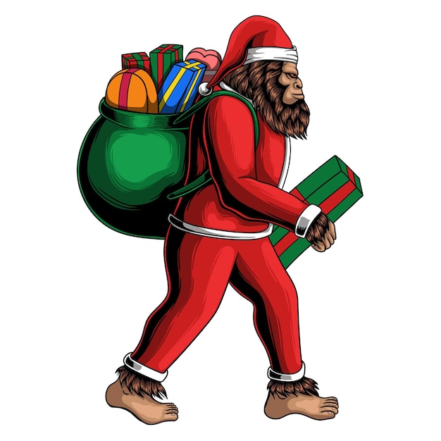 Bigfoot caminar traje santa llevar caja regalo bolsa vector ilustración