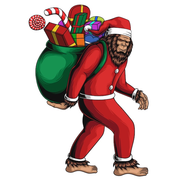 Bigfoot caminar traje santa llevar regalo bolsa vector ilustración