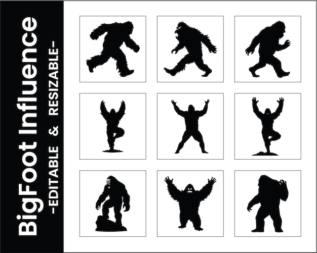 Bigfoot Sasquatch Silhouette Vector Set Editable And Resizable Stock Illustration