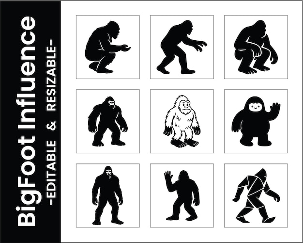 Bigfoot Silhouette Collection Set Of Nine Vector Images Isolated On White Background