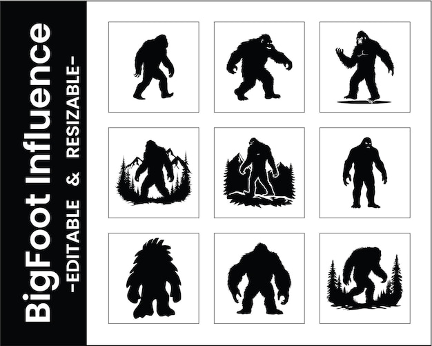 Bigfoot Silhouette Collection Set Of Nine Vector Images Isolated On White Background