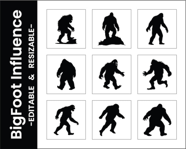 Bigfoot Silhouette Collection Vector Illustration Sasquatch Creatures In Different Poses