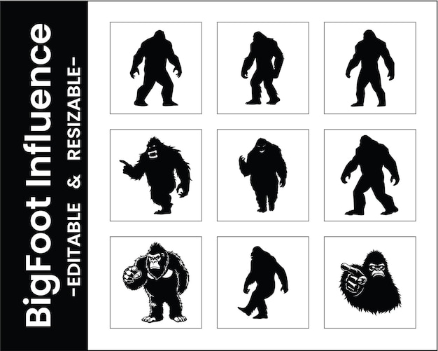 Bigfoot Silhouettes Vector Graphic Set Nine Designs Editable And Resizable Elements