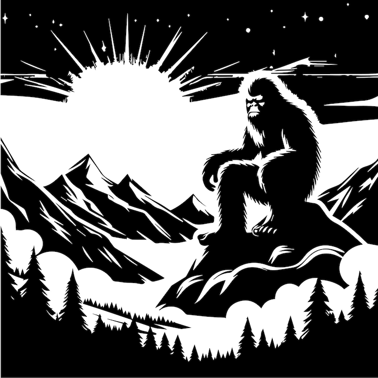 Vector bigfoot yeti en blanco y negro sentado en una silueta de montaña diseño vectorial